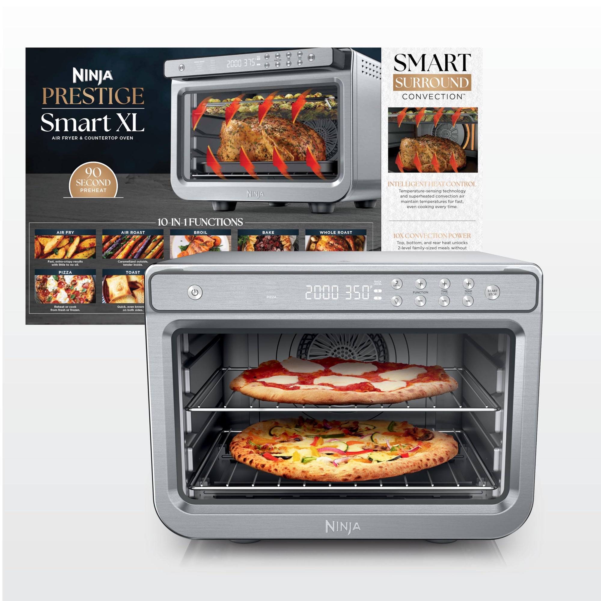 Ninja Air Fryer & Toaster Oven Combo | 10-in-1 Prestige Smart XL Countertop Oven | Bake up to 20 Cookies, Fit up to a 12lb Turkey | Pizza, Toast, Bake, Dehydrate | 1800 Watt | Stainless Steel | DT501